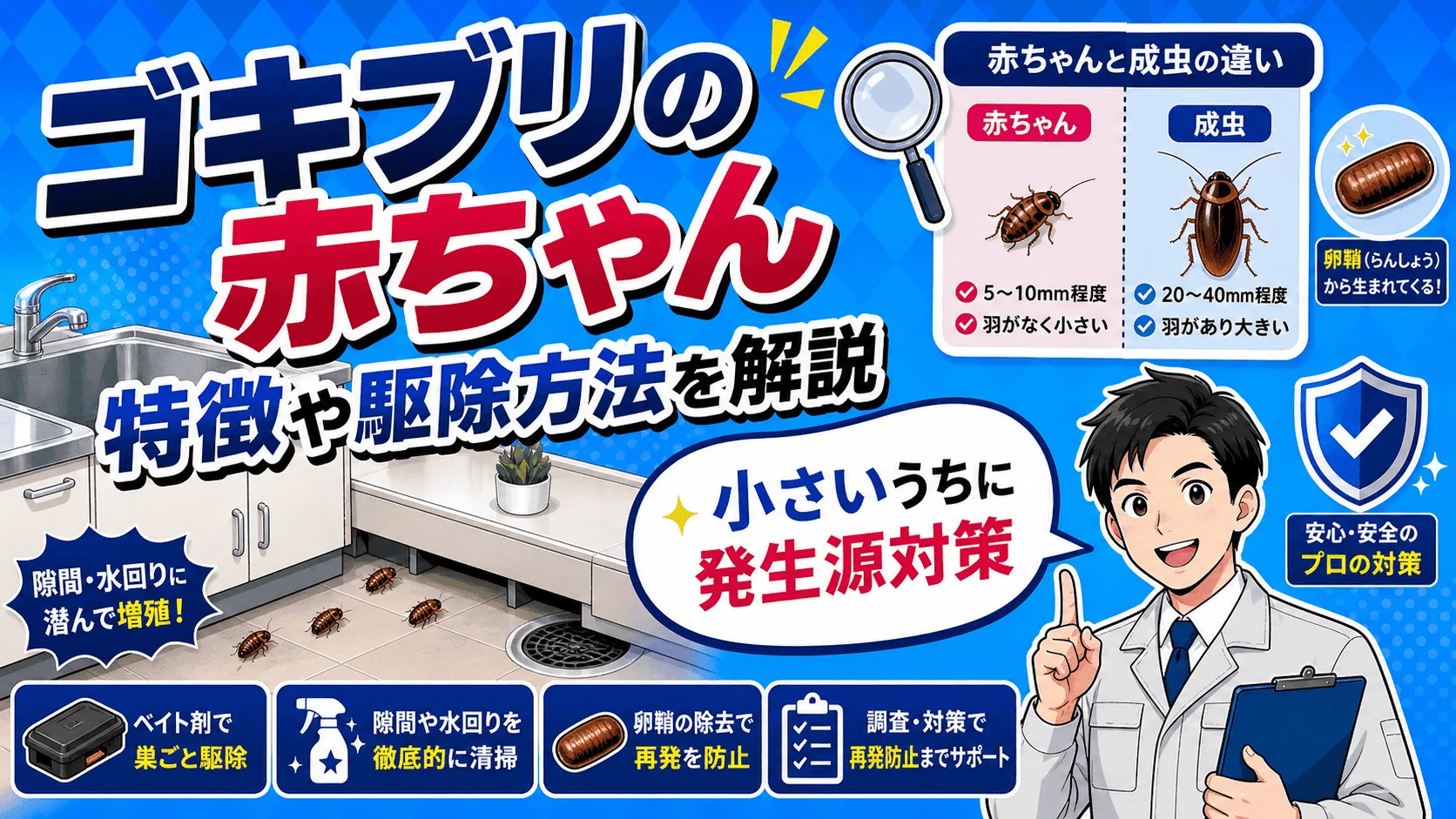 【図解】ゴキブリの赤ちゃん（幼虫）の見分け方｜クロゴキブリ・チャバネの違いと1匹見つけたときの駆除手順