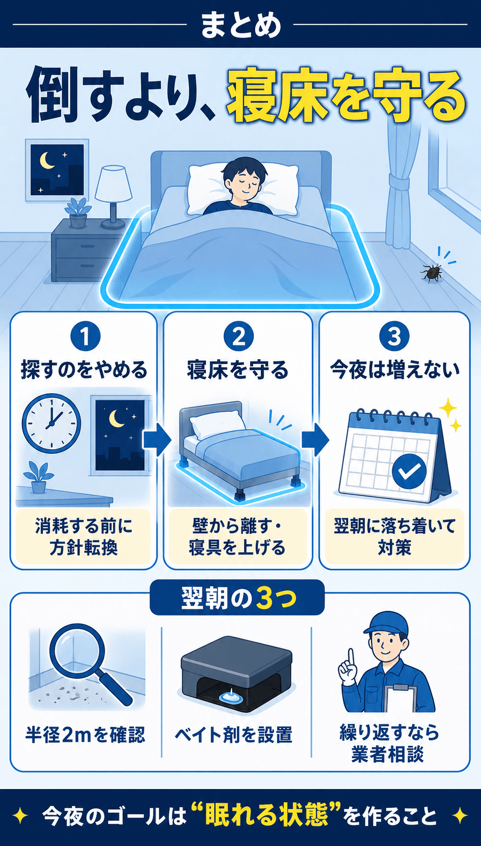 まとめ｜ゴキブリが出て寝れない夜は寝床を守る