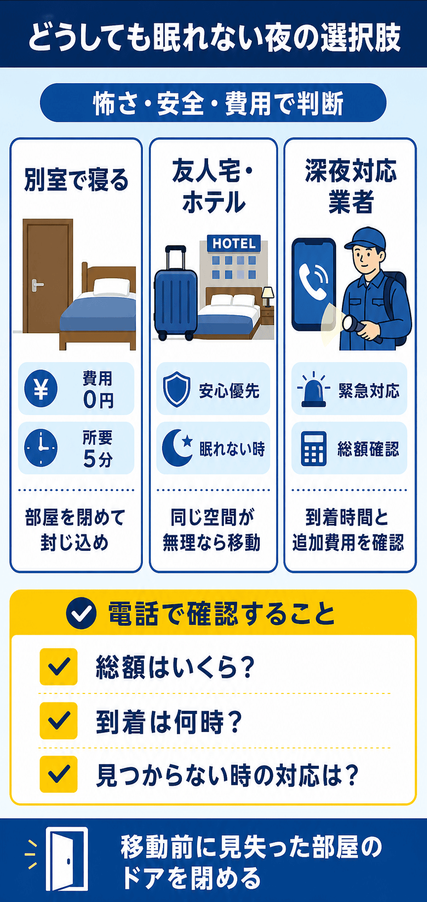 眠れないときの選択肢｜深夜対応業者・別室・ホテルの比較