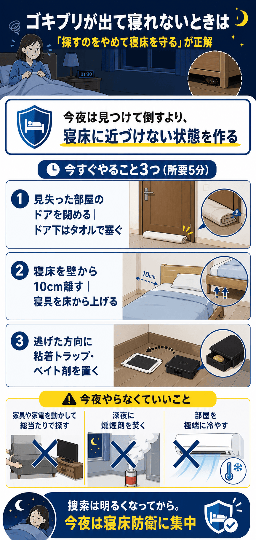 ゴキブリが出て寝れないときは探すのをやめて寝床を守るのが正解