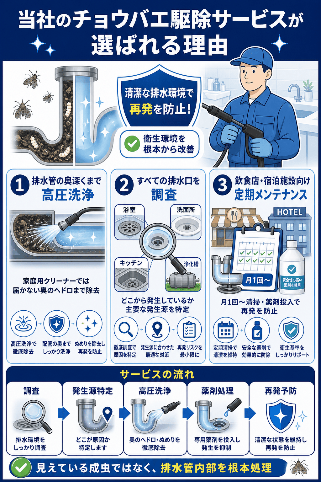 当社のチョウバエ駆除サービスが選ばれる理由