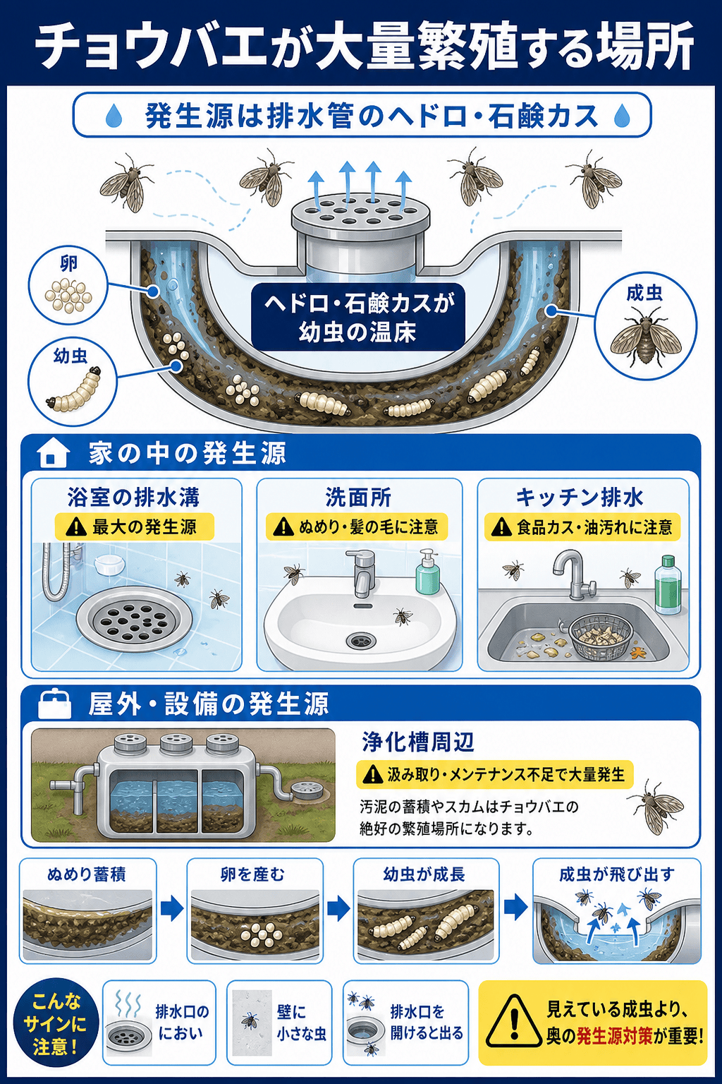 チョウバエが大量繁殖する場所