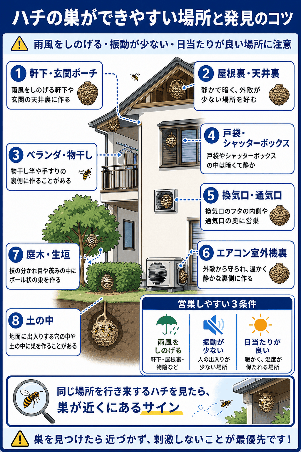 ハチの巣ができやすい場所と発見のコツ