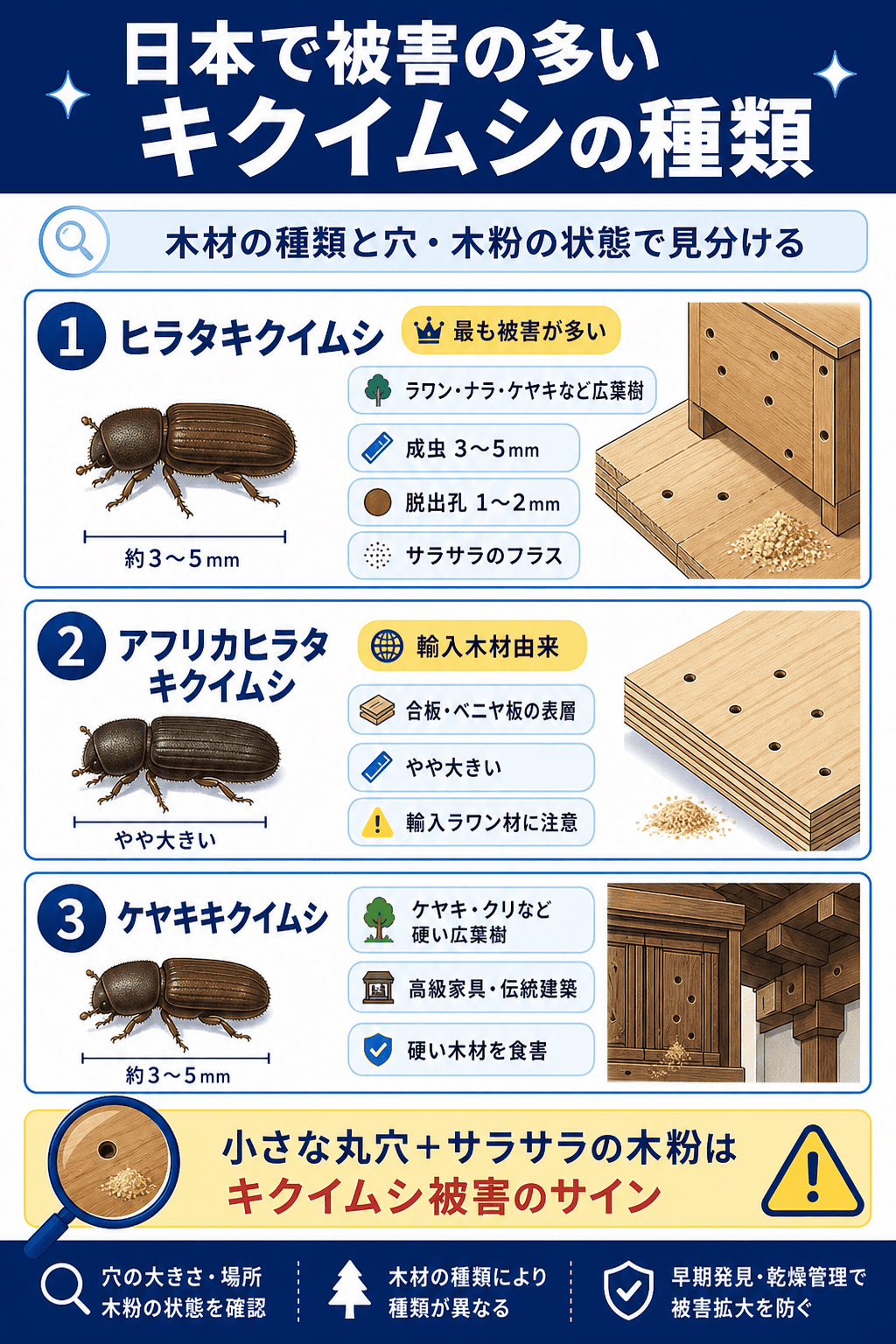 日本で被害の多いキクイムシの種類