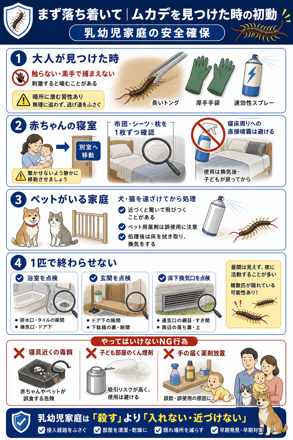 まず落ち着いて｜ムカデを見つけた時の初動と乳幼児家庭の安全確保
