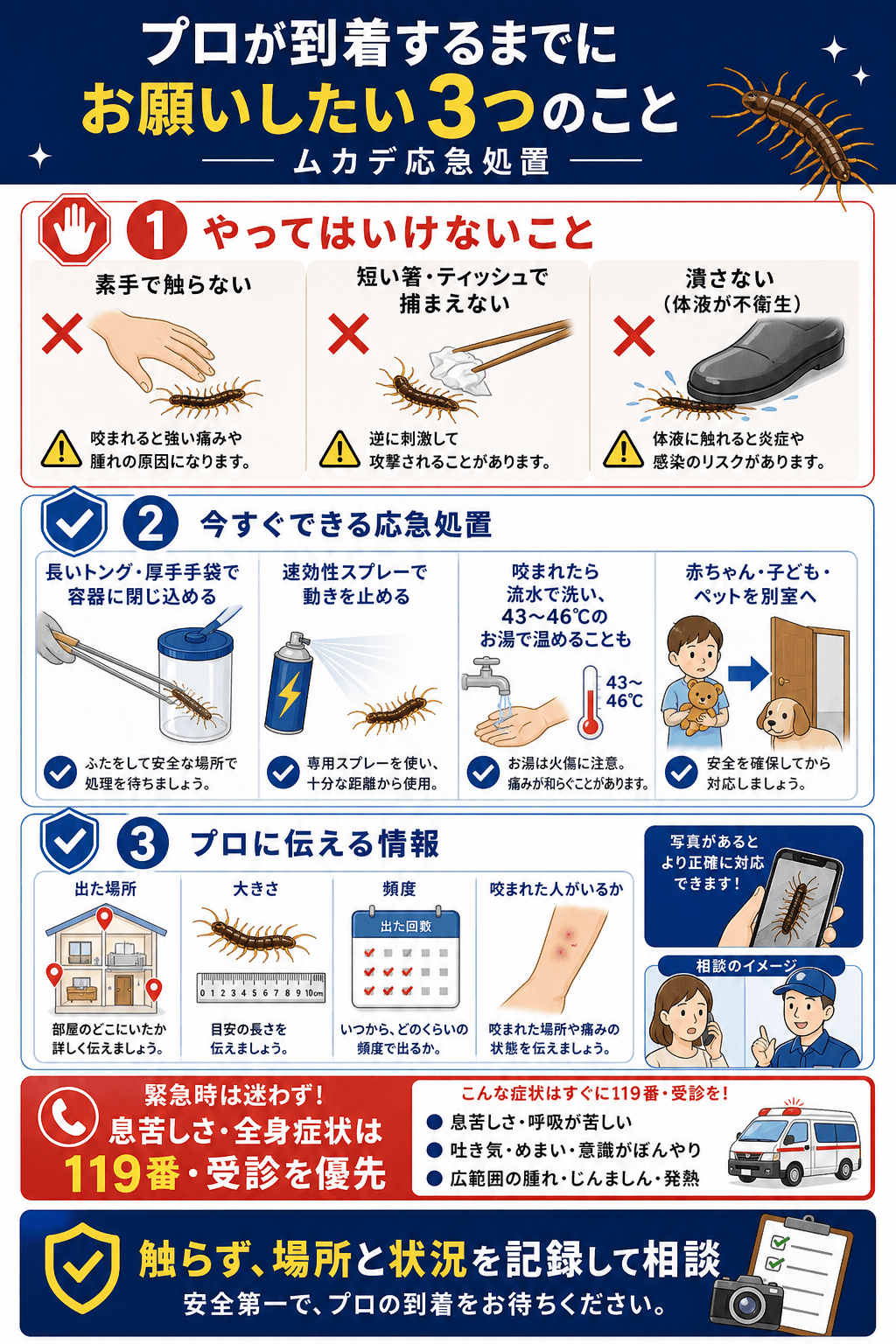 プロが到着するまでにお願いしたい3つのこと（応急処置）