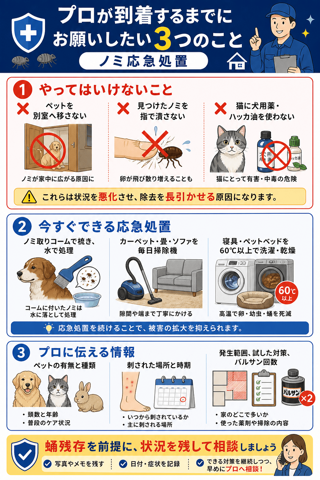 プロが到着するまでにお願いしたい3つのこと（応急処置）