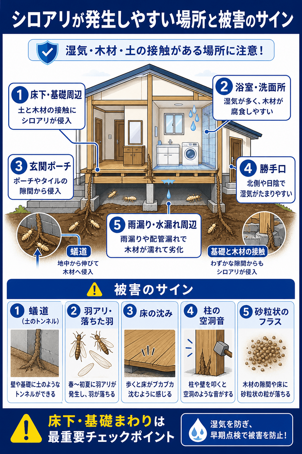 シロアリが発生しやすい場所と被害のサイン