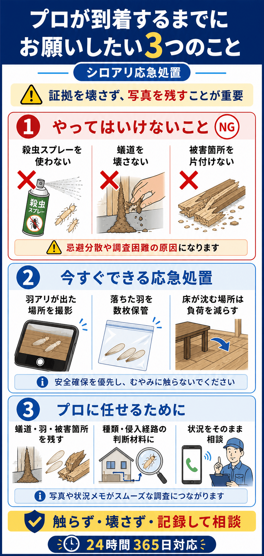 プロが到着するまでにお願いしたい3つのこと