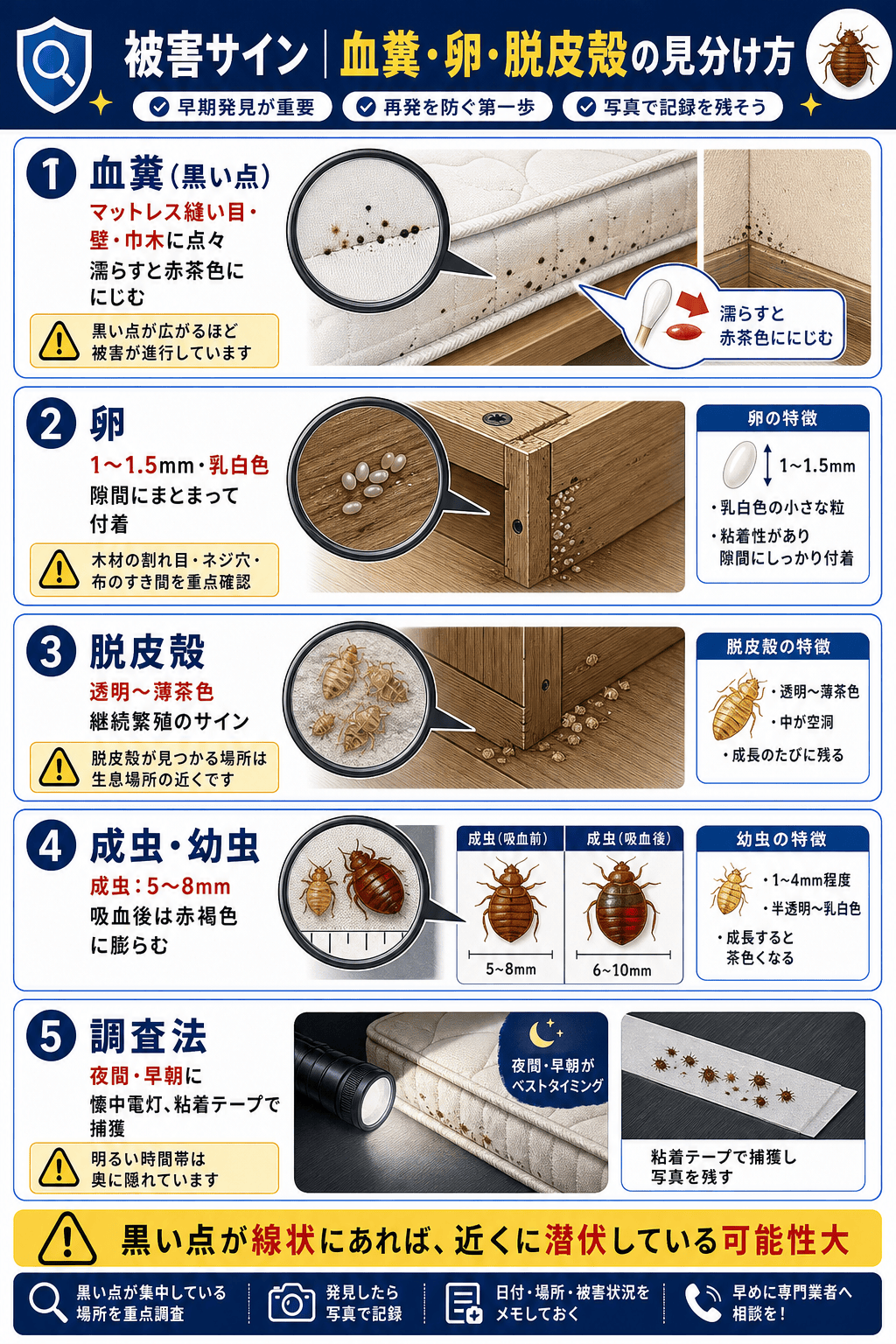 被害サイン｜血糞・卵・脱皮殻の見分け方