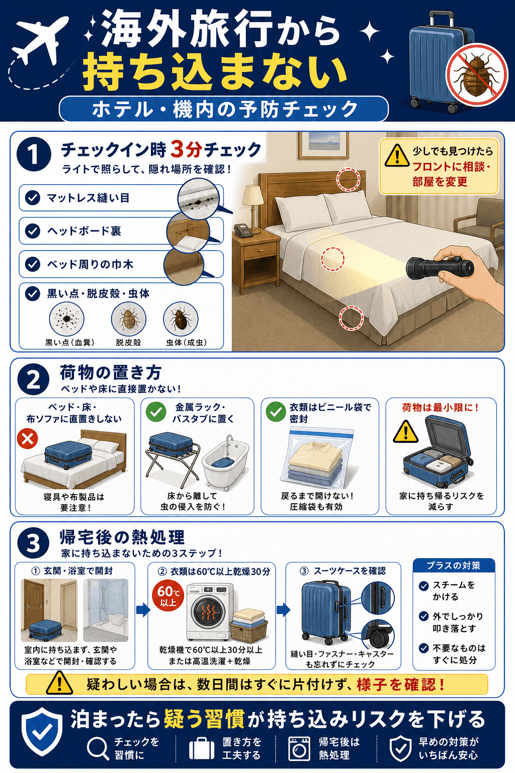 海外旅行から持ち込まない｜ホテル・機内の予防チェック