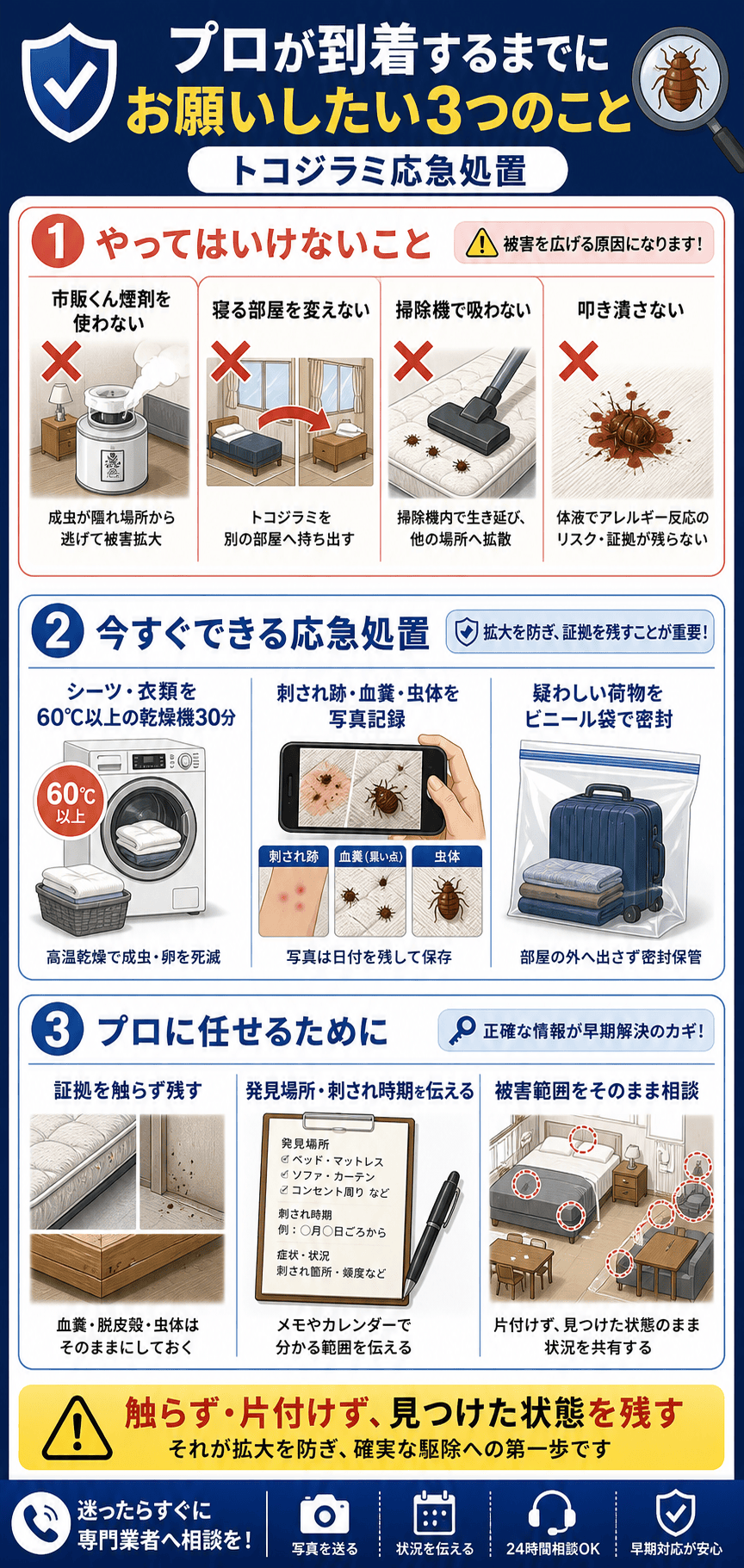 プロが到着するまでにお願いしたい3つのこと（応急処置）