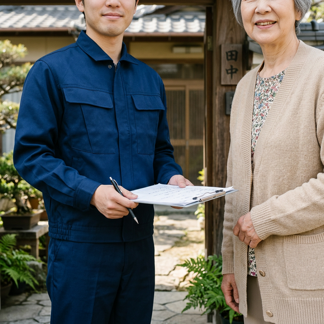 シロアリ駆除のお客様と作業員